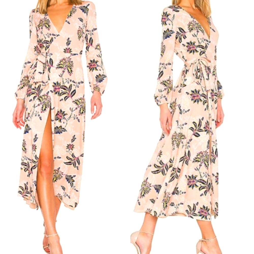 The Jetset Diaries Floral Long Sleeve Maxi Dress Tan Black Below Knee Size Small - Picture 1 of 14